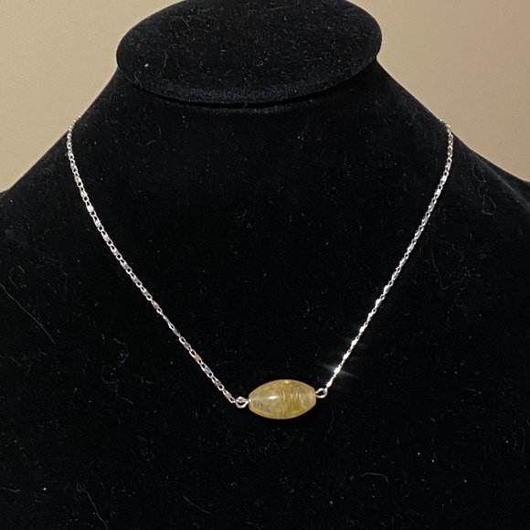 2/$20, Yellow Prehnite Stainless Necklace, Genuine Barrel Gemstone Bar Pendant - Picture 3 of 9
